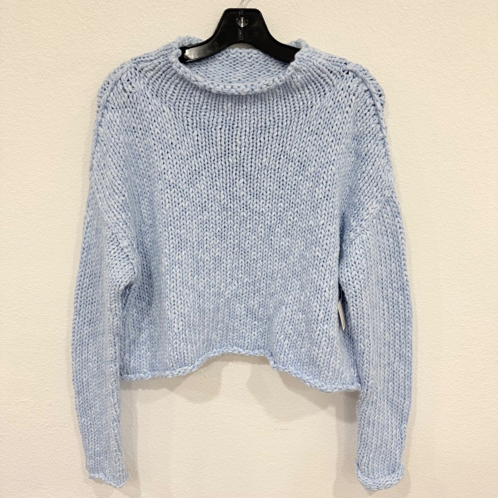Free People Opal Rollneck Chunky Knit Sweater Cashmere Blue Cropped Pullover S/P - Picture 3 of 10